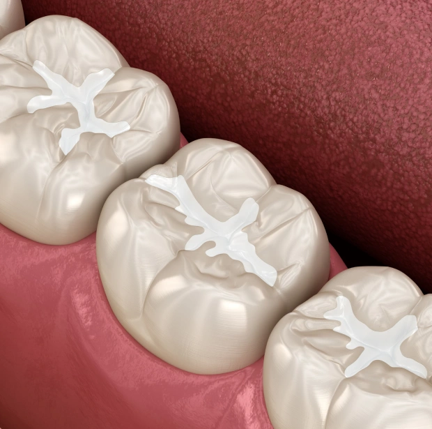 Close up of teeth protected with dental sealants